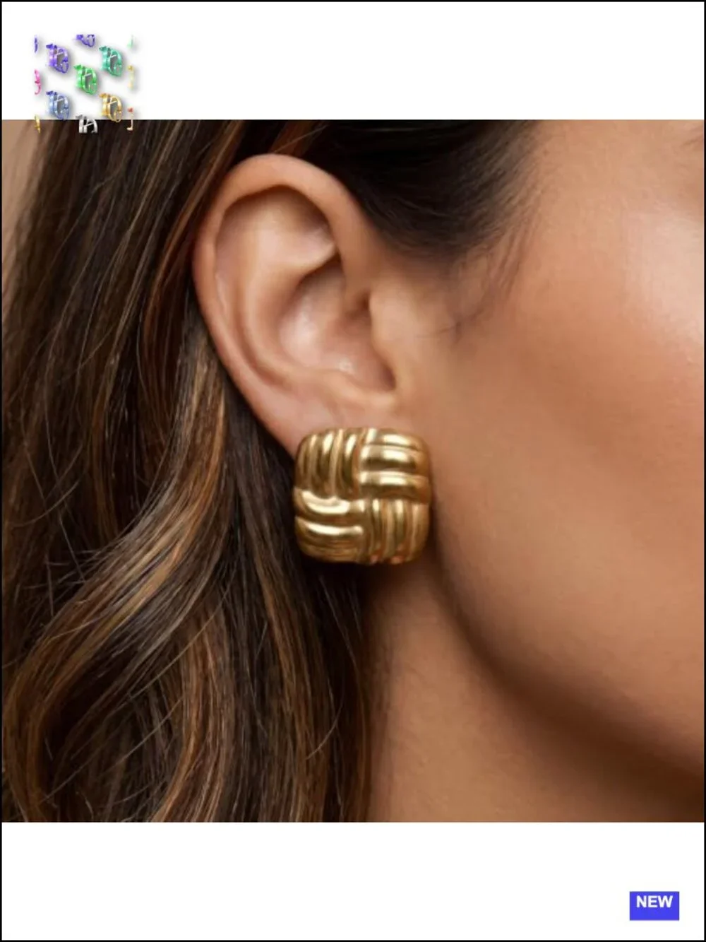 Chunky Square Statement Button Earrings Gold-Tone Vintage Geometric Lightweight
